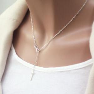 Silver Cross Lariat Necklace, Sterling Silver..