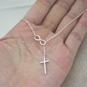 Infinity And Cross Lariat Necklace, Sterling..
