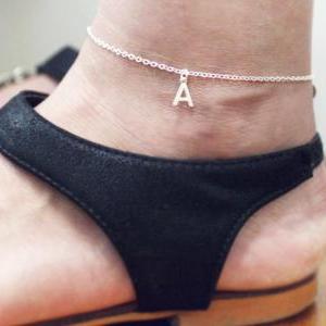Sterling Silver Initial Anklet, Personalized, Tiny..
