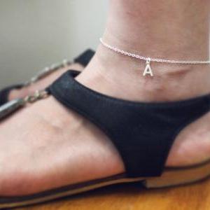 Sterling Silver Initial Anklet, Personalized, Tiny..