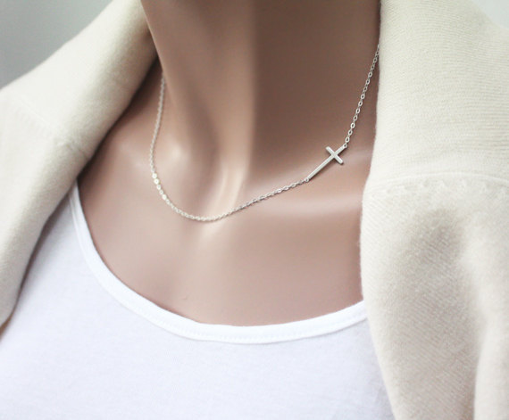 Silver Cross, Sterling Silver Sideways Cross Necklace, Off Centered- Sideways Cross Necklace, Simple Necklace, Christmas Gift