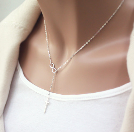 Silver Cross Lariat Necklace, Sterling Silver Infinity , Infinity Lariat,christmas Gift,bridesmaid Gift, Wedding,friendship,cross