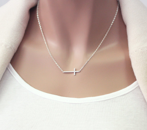Silver Cross, Sterling Silver Sideways Cross Necklace, Simple Necklace, Christmas Gift