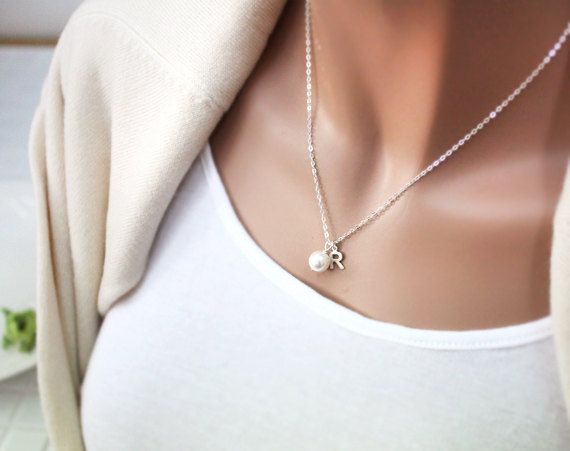 Sterling Silver Initial Necklace, Pearl Necklace, Bridesmaid Gift, Wedding, White Pearl, Friendship, Love, Pearl Necklace