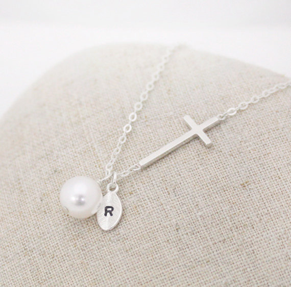 Sterling Silver Initial Necklace, Sideways Cross Necklace,personalized, Bridesmaid Gift,wedding,white Pearl,friendship, Pearl Necklace,cross